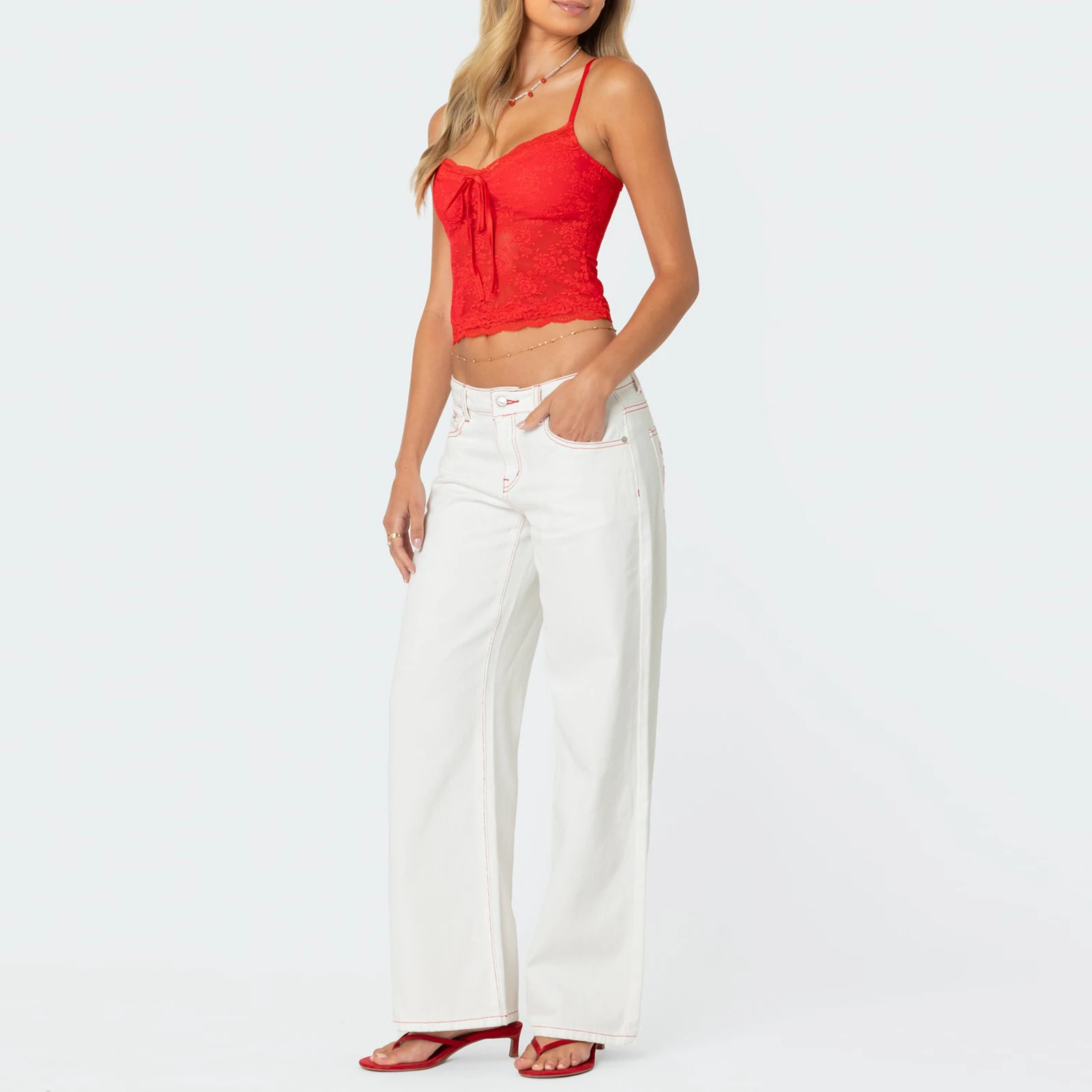 Calça jeans feminina com laço morango bordado cintura média perna reta com bolsos para verão primavera outono