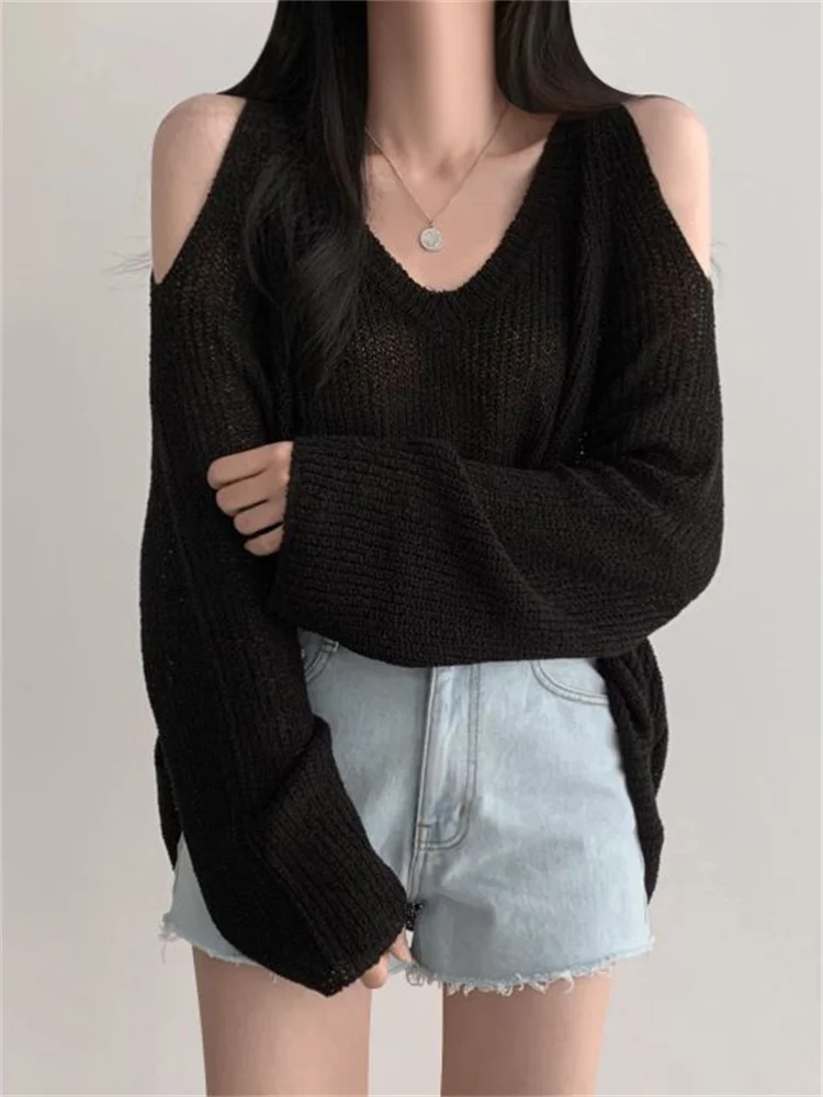 Off Shoulder Knitted Sweater Women Autumn Retro V-neck Thin Knitwear Female Korean Fashion Loose Casual All-match Sunscreen Tops