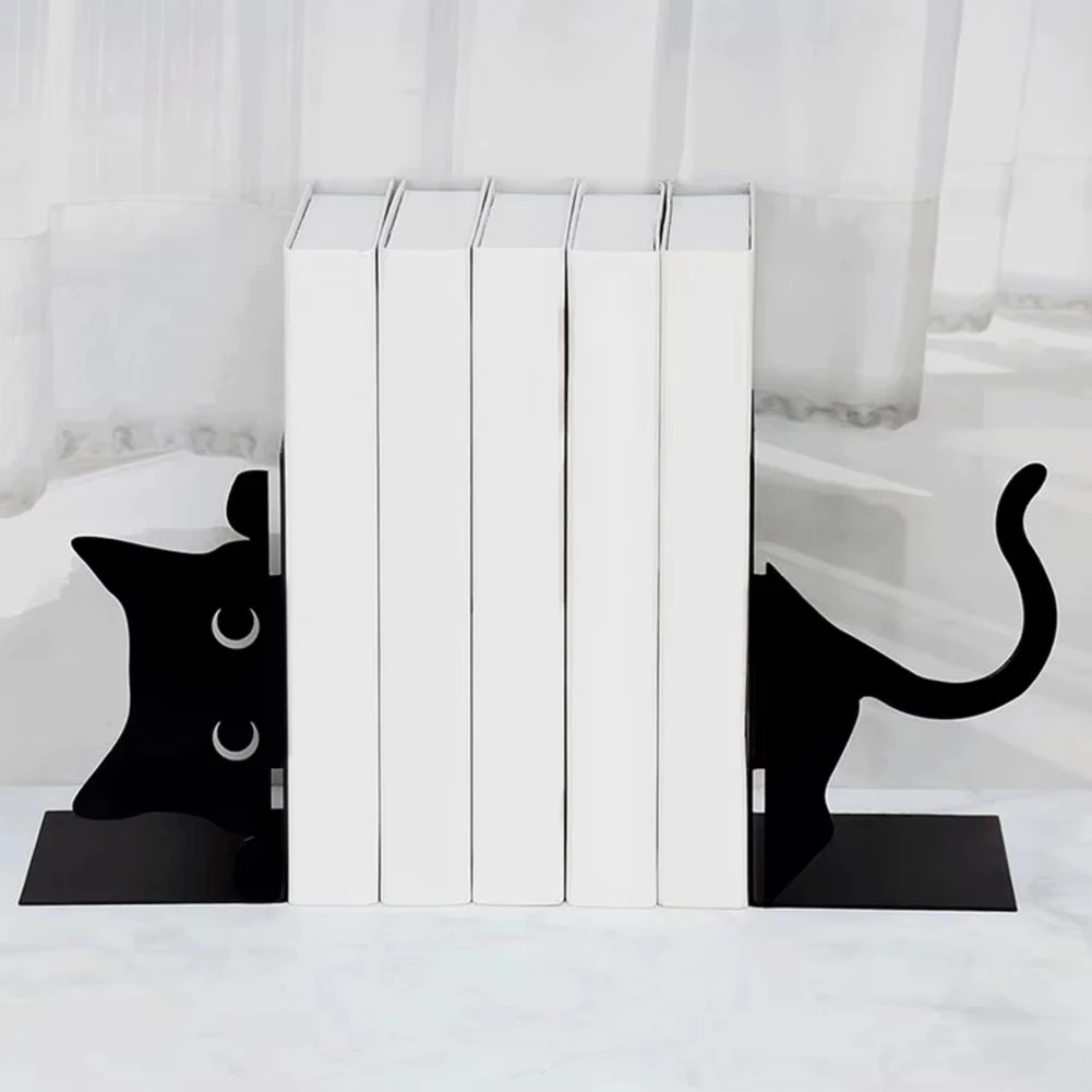 N34R-1 Pair Metal Bookends Whimsical Cat Design Decorative Bookends Rounded Edges Book Holders Office Library Decoration