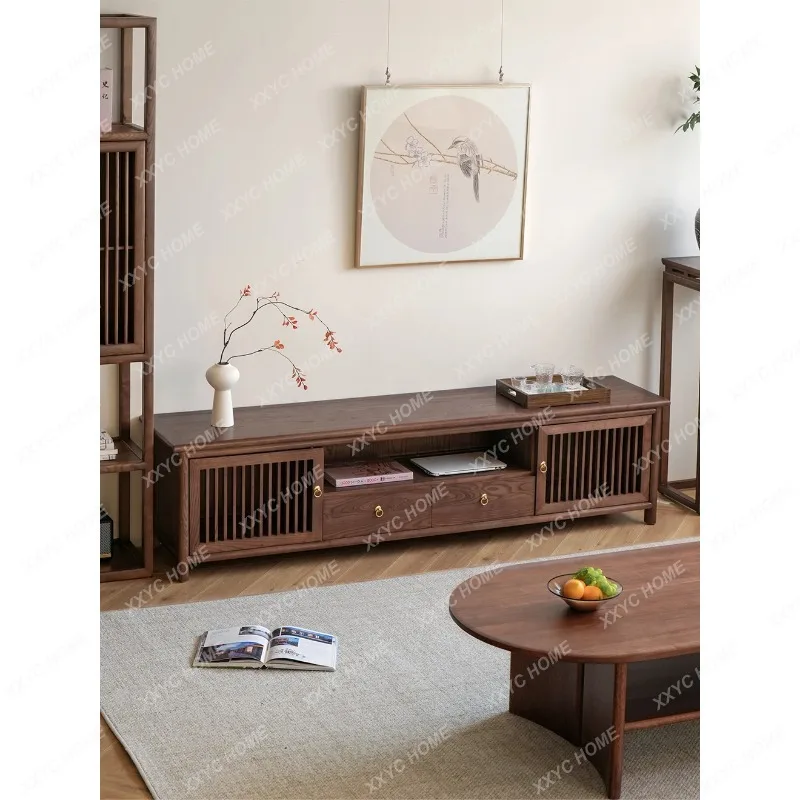 

SLSolid wood TV cabinet New Chinese furniture Floor-to-ceiling side cabinet Simple log small apartment