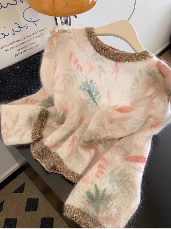 

Spring 2026 Casual Glitter Long Sve Knitted Sweater Soft Cozy Lazy Sle Printed Women's Faion Commute Loose Fit Knitwear