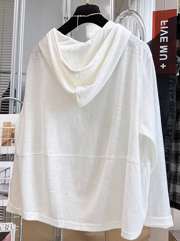 Extra Large 240lbs European Style Hooded Long Sleeve T-Shirt Women's Spring Summer White Overhead Loose Slimming Casual Base Top