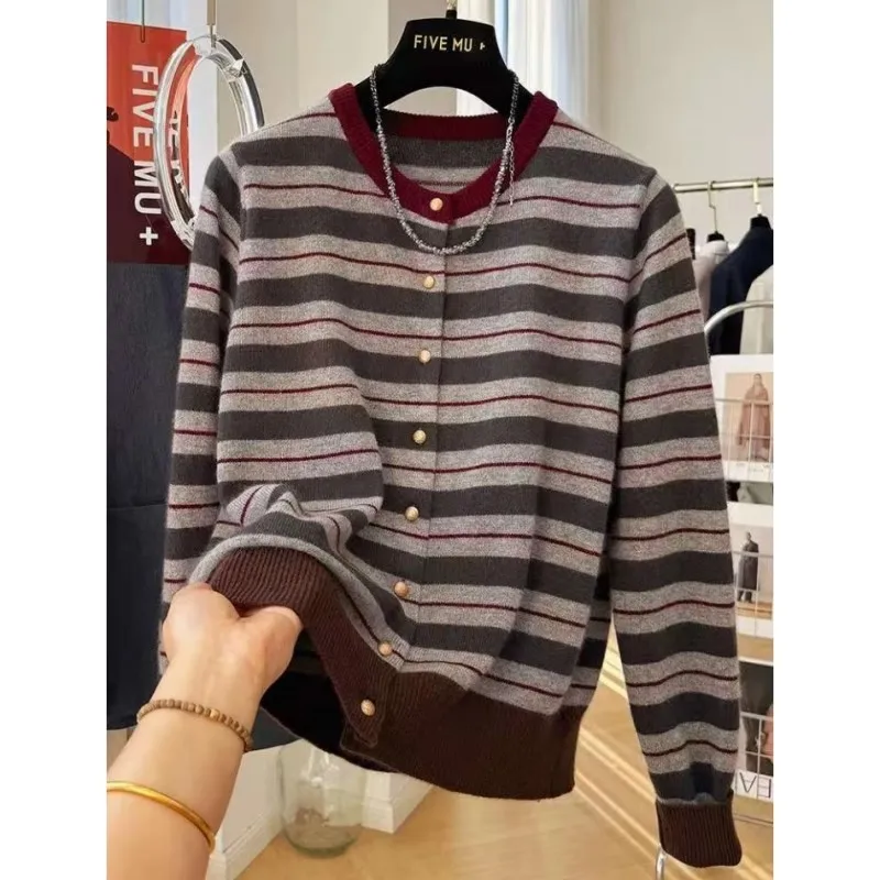 

Retro design sense! European striped 100 pure cashmere knitted cardigan women's sweater spring and autumn bottom wool coat