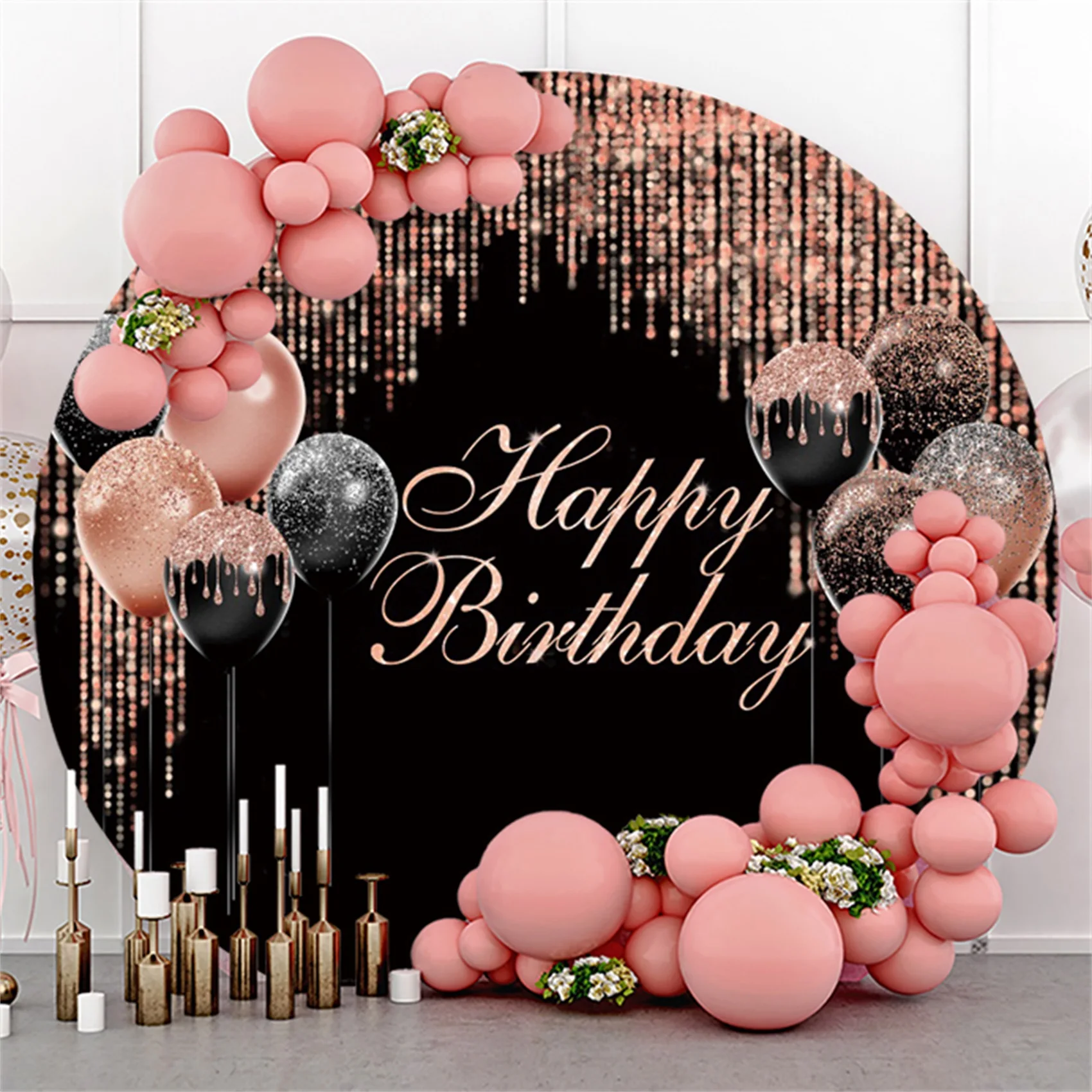 Laeacco Black and Rose Gold Balloons Happy Birthday Round Backdrop Women Girls Birthday Poster Portrait Custom Backdrop