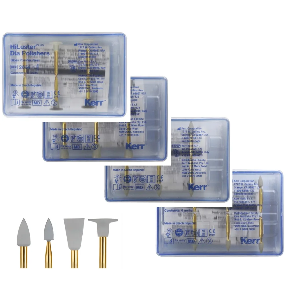 

Полировальные насадки Kerr HiLuster PLUS Dia: алмазные композитные полировальные боры для высокоглянцевой полировки, диски Flame Cup и Minipoint, 6 шт./упак.