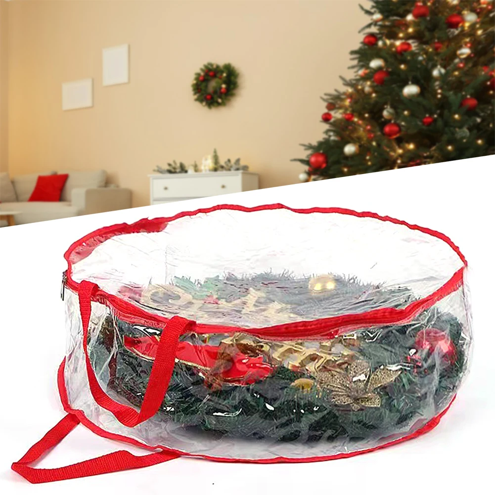 Large Capacity Clear Wreath Storage Bag Zippered Closure Large Protective Bag with Reinforced Handle Seasonal Products