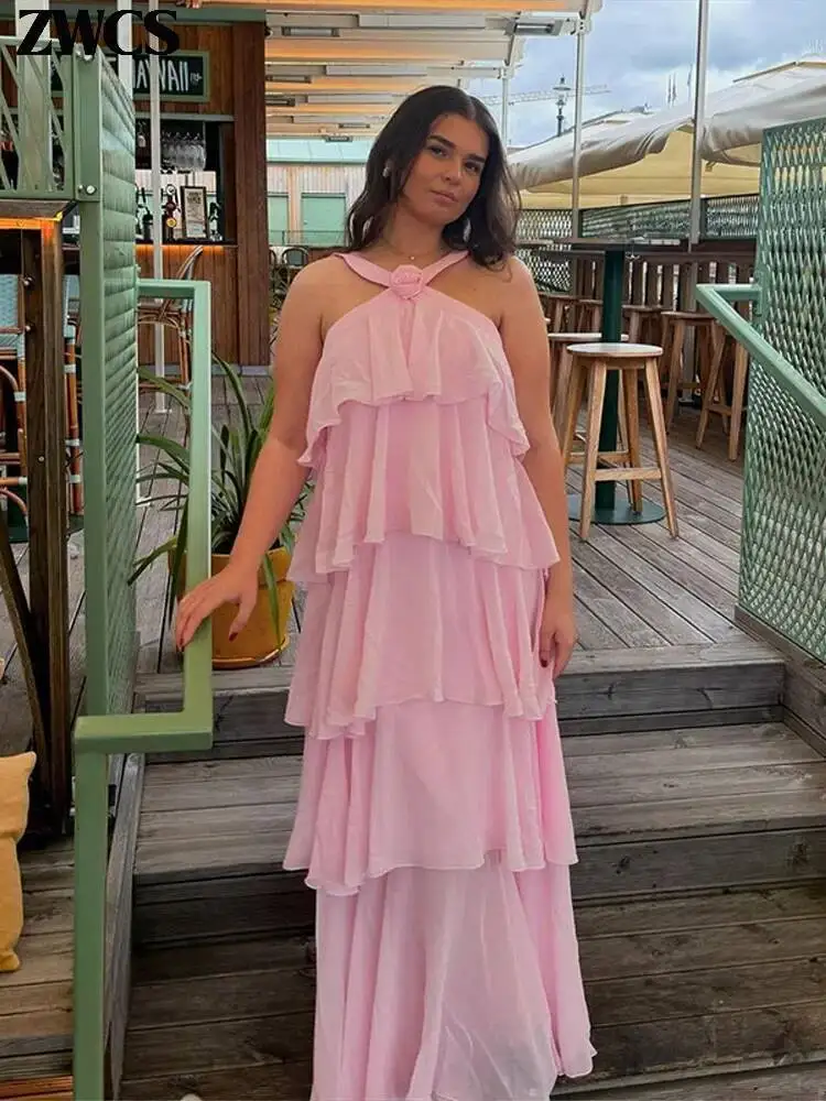 3d flor babados em camadas vestidos femininos elegante chiffon sem costas sem mangas fofo vestido longo 2025 verão nova senhora praia robes