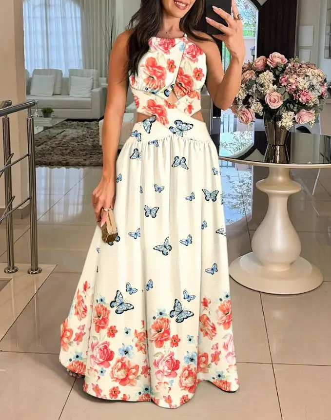 

Fashion 2025 Summer Womens Dresses Floral Print Halter Sleeveless Maxi Dress Casual Waist Hollow Out Lace Up A Line Dress
