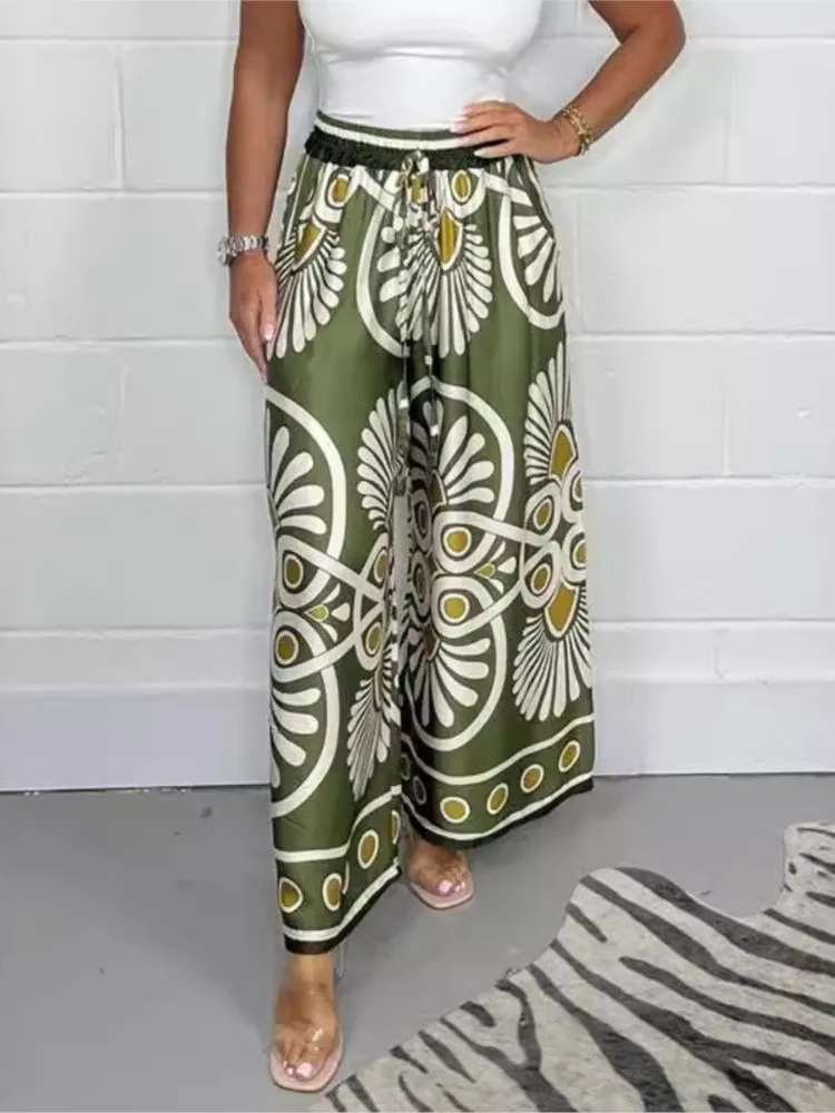 

Summer Boho Long Pants For Women Fashion Casual Beach Holiday Lace Up Loose Wide Leg Long Lady Pants Womens Clothing New