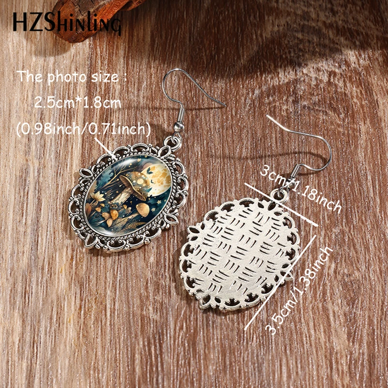 2024 New Moon Mushroom Vintage Dangle Earring Fish Hook Earrings Oval Glass Dome Jewelry Gift Girls