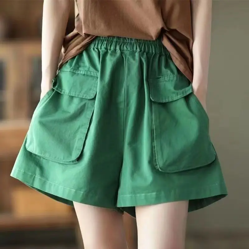 Summer All-match Pocket Solid Color Cotton Elastic Waist Shorts Female Casual 2026 New High Waist Five Quarter Pants Women Pants