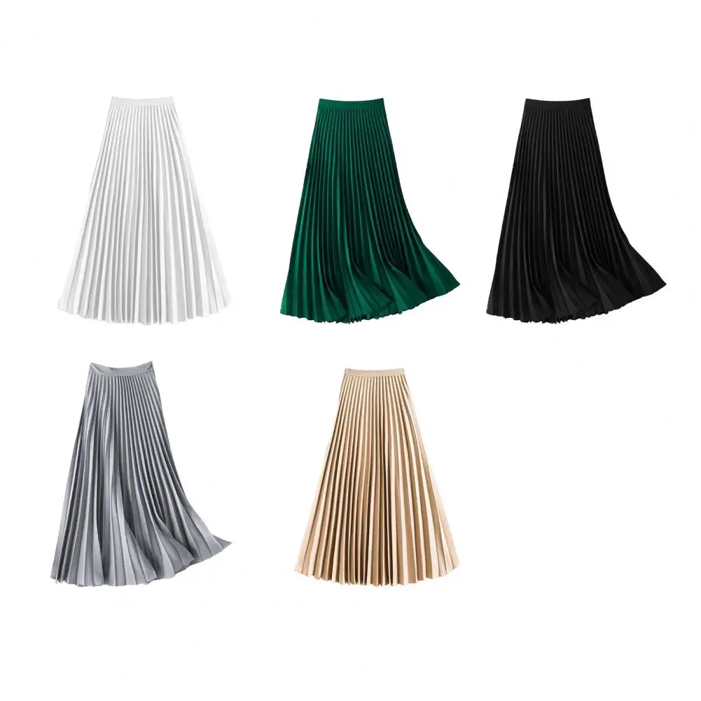 

Spring Summer Women's Vintage Elastic High Waist Pleated Maxi Long Skirts Lady Elegant A-line Satin Silk Soft Midi Skirt Leisure