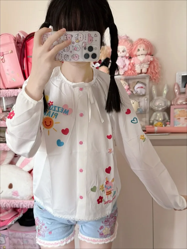 Japanese Kawaii Cartoon Embroidery Cute Lolita Blouse Women JK Cute White Blusas Y2k Aesthetic Loose Blouse Tops Chemisier Femme