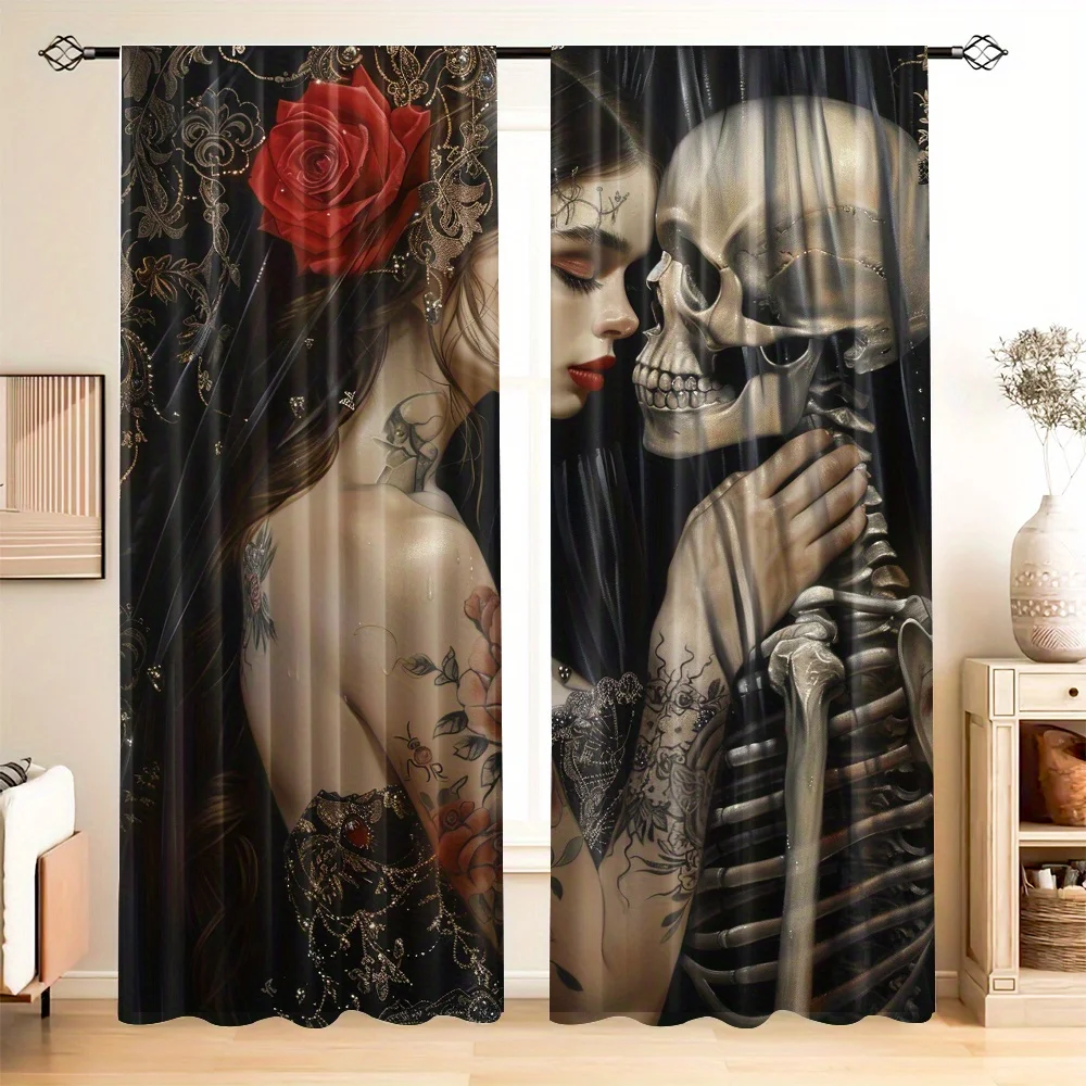 Black Gothic Skull Skeleton Rose Print Curtains Window Drapes Aesthetic Horror Halloween Home Decor Art Curtain Pair