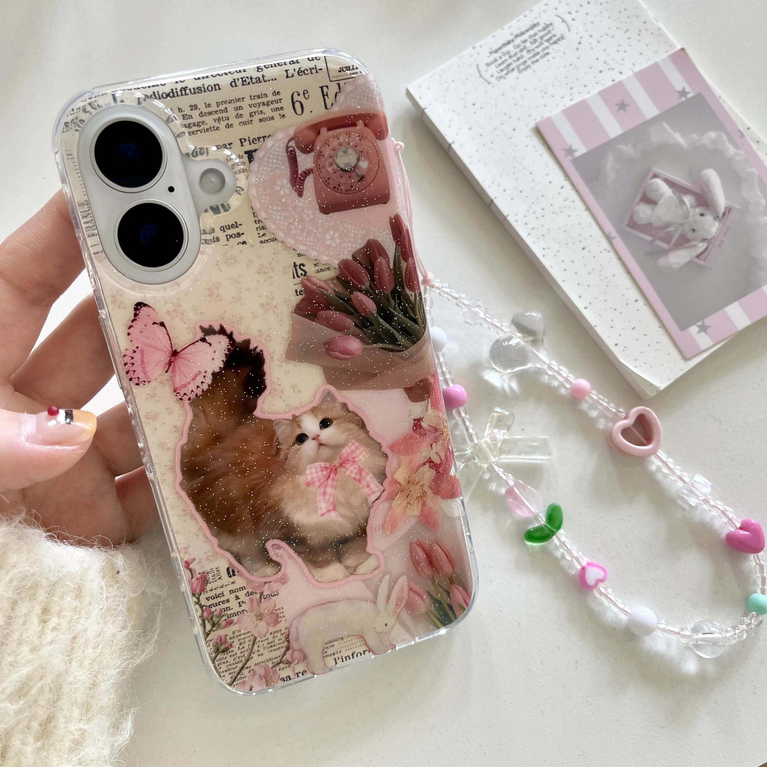 Ins cute glitter cat flower butterfly imd cover for iphone 13 16 pro max 14 15 promax cartoon phone case conque