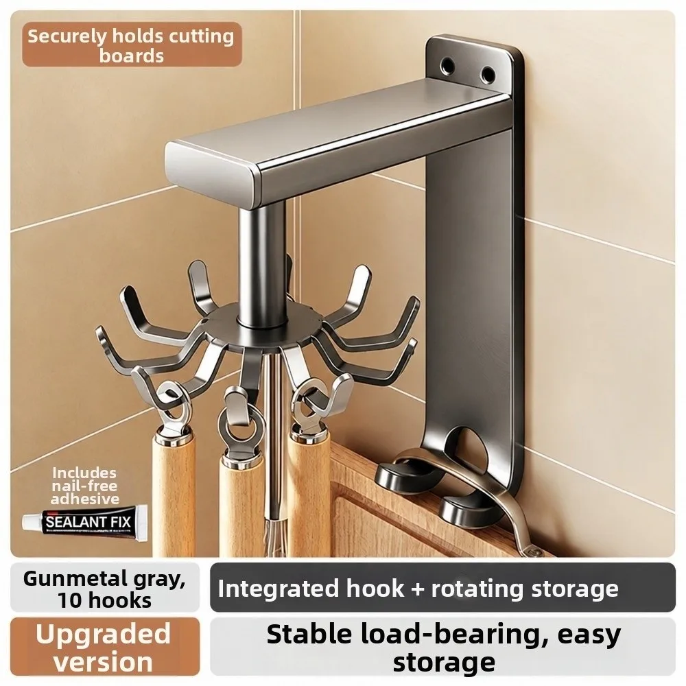 Wall Mounted Kitchen Hook Rack No-Drill 360 Degrees Rotating Rotating Hook Rack Universal Heavy Duty Kitchen Storage Rack