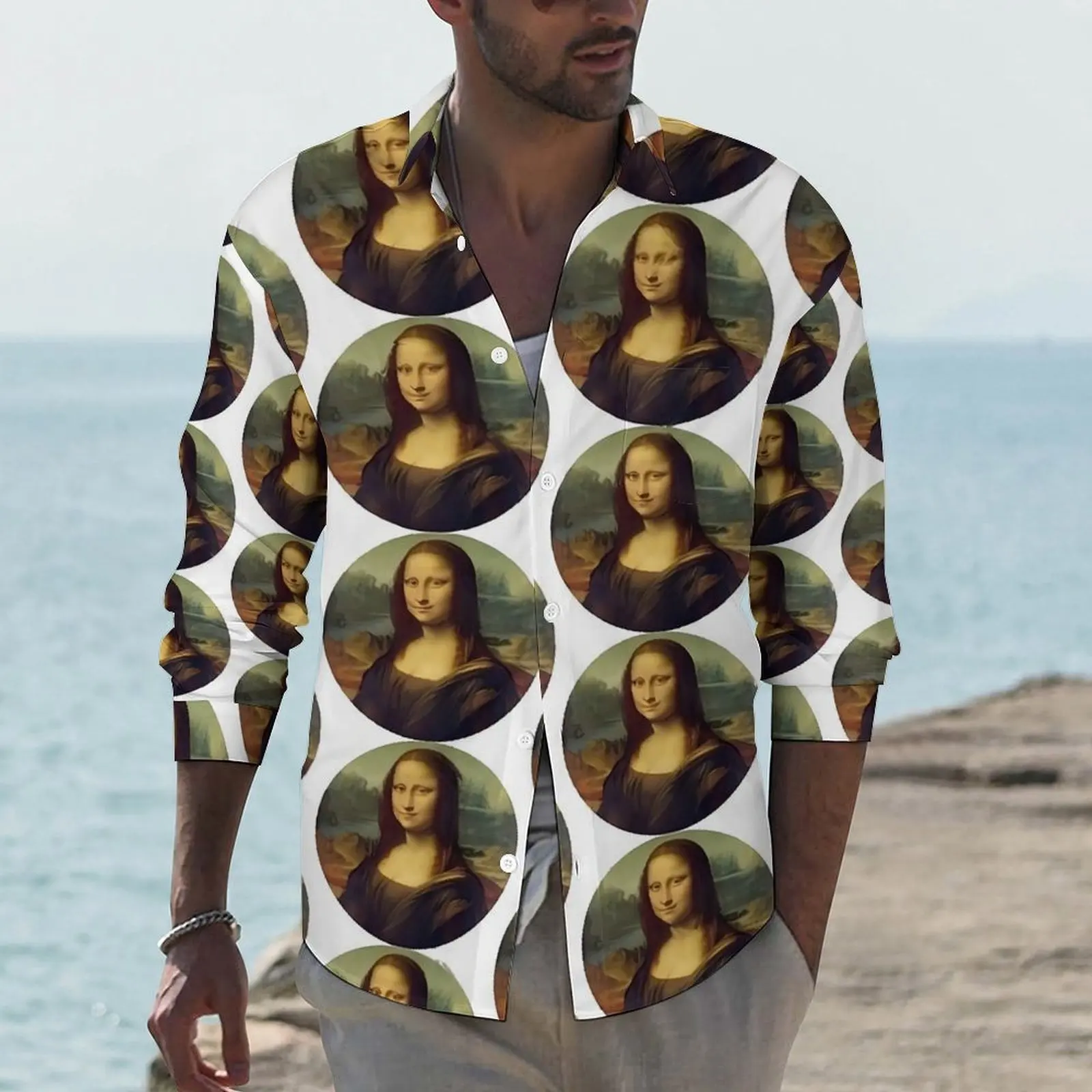 Mona Lisa Casual Shirts Man Famous Painting Shirt Long Sleeve Novelty Harajuku Blouses Autumn Printed Tops Plus Size 3XL 4XL