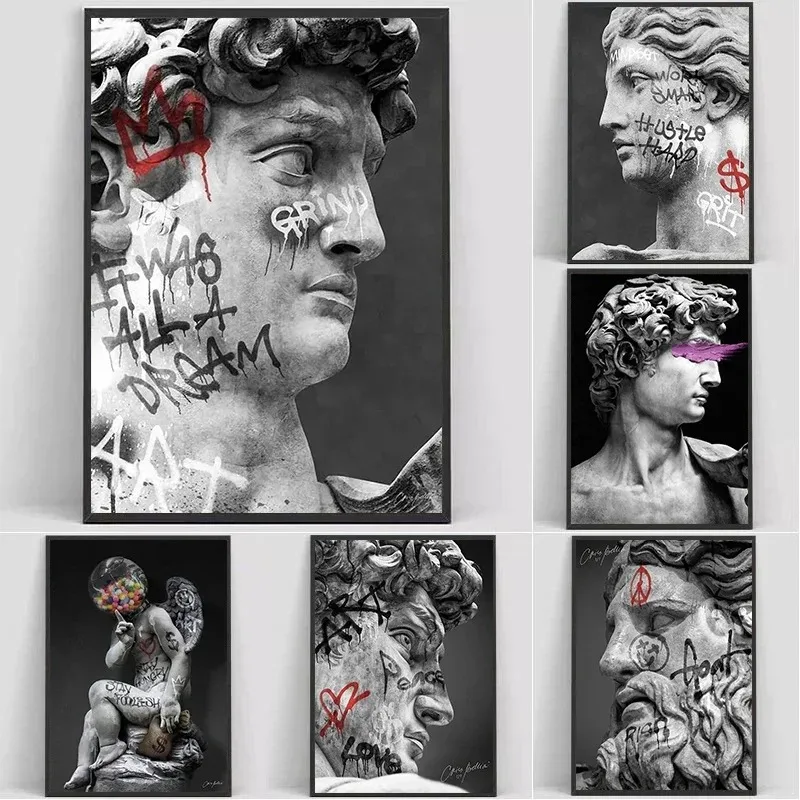 Statue of David Graffiti Art Canvas Painting David Head Sculpture Posters and Prints Street Wall Art for Room Decor