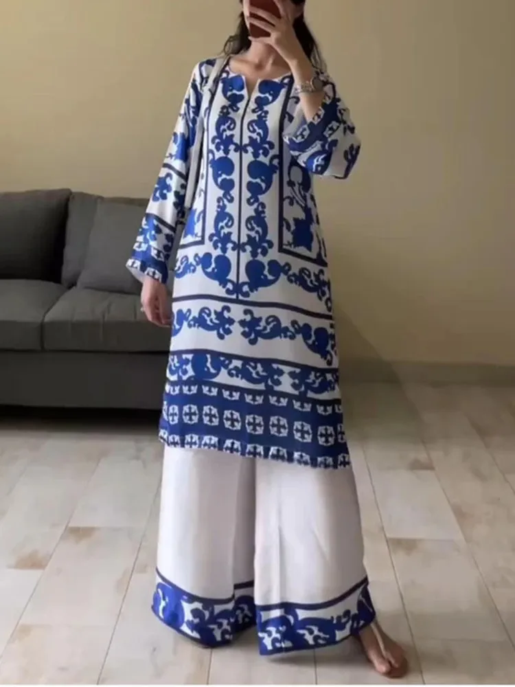 

Vintage Print Boho Women's New Two-piece Set Suit Simple Fashion Long-sleeve Casual Tops Pants Loose 2-piece Set Suits Vacation