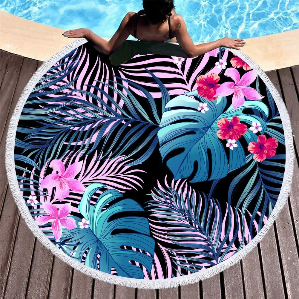 Round Beach Towel Oversized Blanket Palm Leaf Tropical Style Flamingo Print Microfiber Large Round Towel Picnic Absorbent Towel