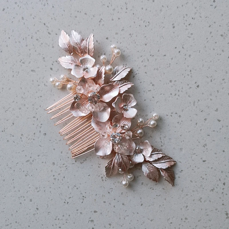 

Rose Gold Color Flower Bridal Hair Comb Accessories Leaf Women Headpiece Handmade Wedding Prom Hair Jewerly