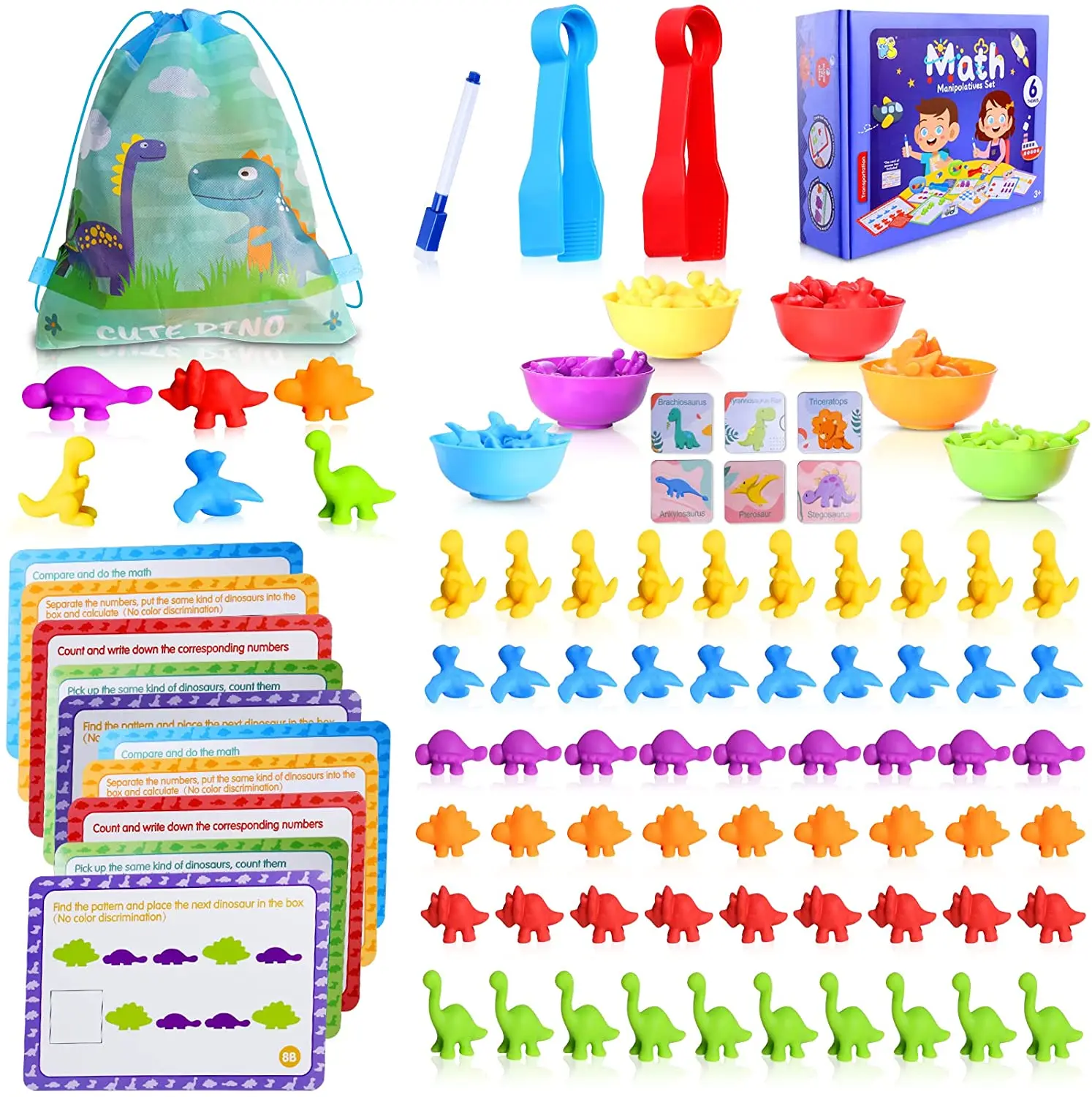 Montessori Toys Rainbow Soft Rubber Counting & Sorting Bear Dinosaur Kit Fun Math Manipulative Toddler Learning Toys for School