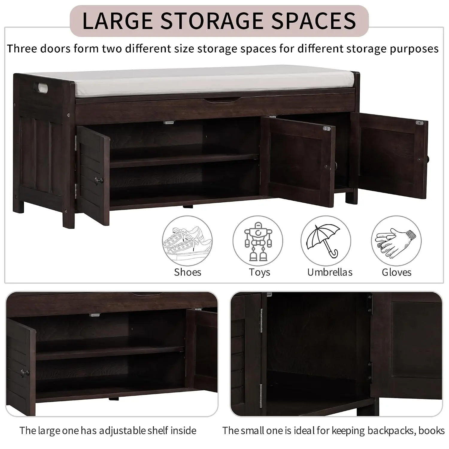 Shutter Door Storage Bench Wooden Shoe Bench Removable Cushion Hidden Compartment Entryway 3-Door Espresso, Customized