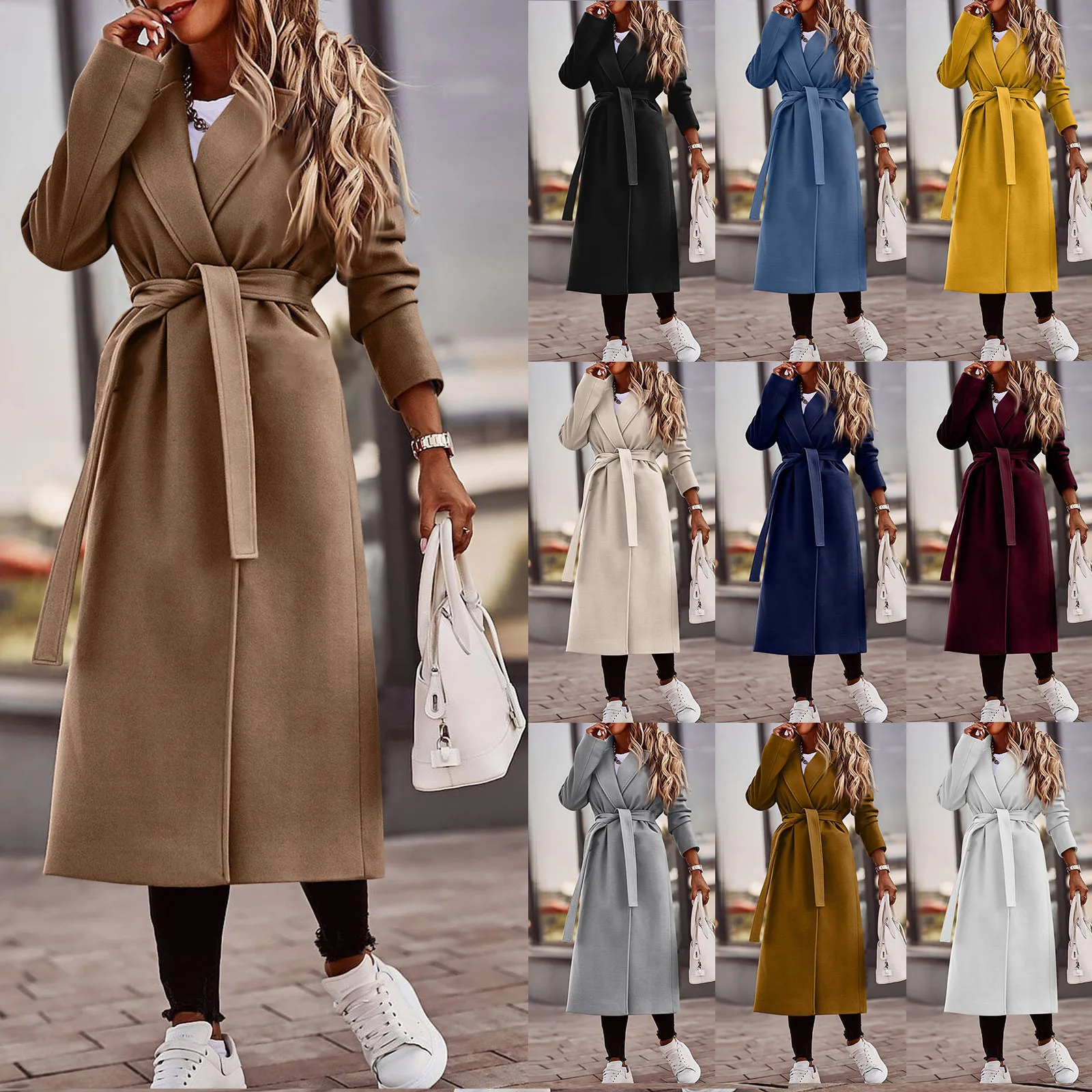 

2024 Women's Autumn/winter Solid Color Lapel Long Sleeve Woolen Jacket Simple Tied Windbreaker