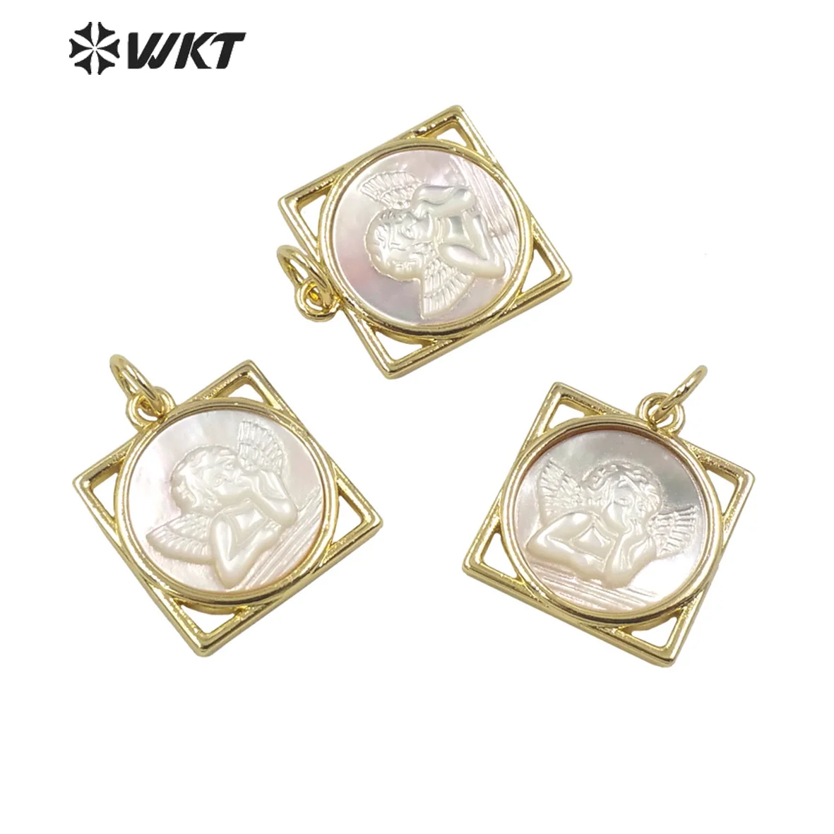 

WT-JP294 WKT Christianity Square Gold Plated Angel Baby Pattern Round Natural White Shell Ocean Shell Pendants Necklace Jewelry