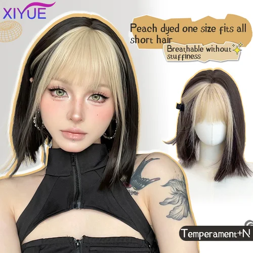 Imagen 2 del producto Pelucas de pelo Natural sintético corto negro amarillo para mujer peluca recta Bob con flequillo pelucas de fiesta de Cosplay diarias de alta temperatura