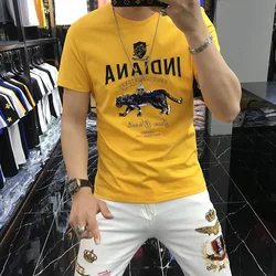 Men's T-shirt Personalized Trend Leopard Sequin Embroidery 2022 Summer New Design Tops Red Yellow Male Tees Heavy Craft Clothing