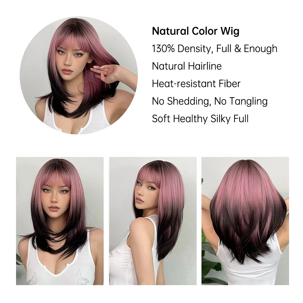 LOUIS FERRE Black Pink Ombre Synthetic Wigs Long Straight Layered Wigs with Bangs for Black Women Afro Heat Resistant Fake Hair