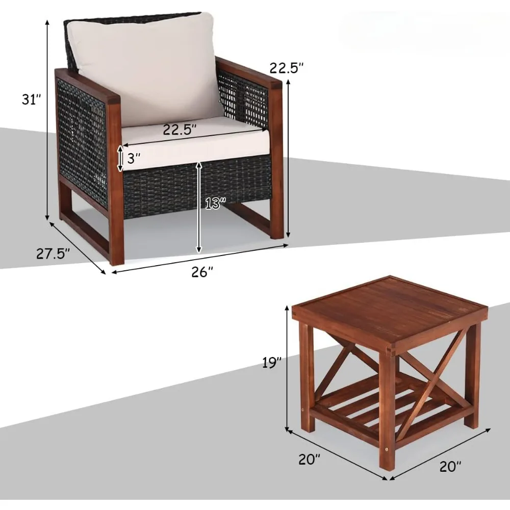 3-delige Terras Rieten Meubelset, Rotan Outdoor Bankstel, Met Wasbare Kussens En Acaciahouten Salontafel