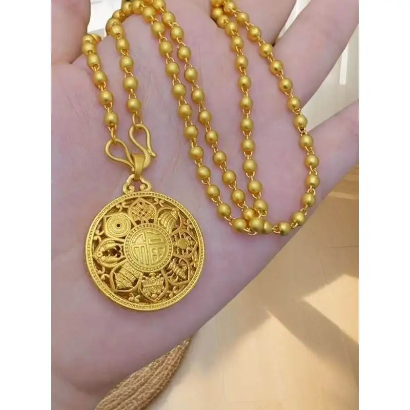 24k 999 gold fortune character eight treasures compass pearl necklace, high-end necklace for girlfriend