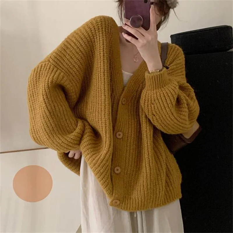 

Lazy Style Thick Sweater Cardigan Spring Autumn New Bat Sleeve Loose Knit Top For Women Coat Korean Fashion Knitwears Sueter