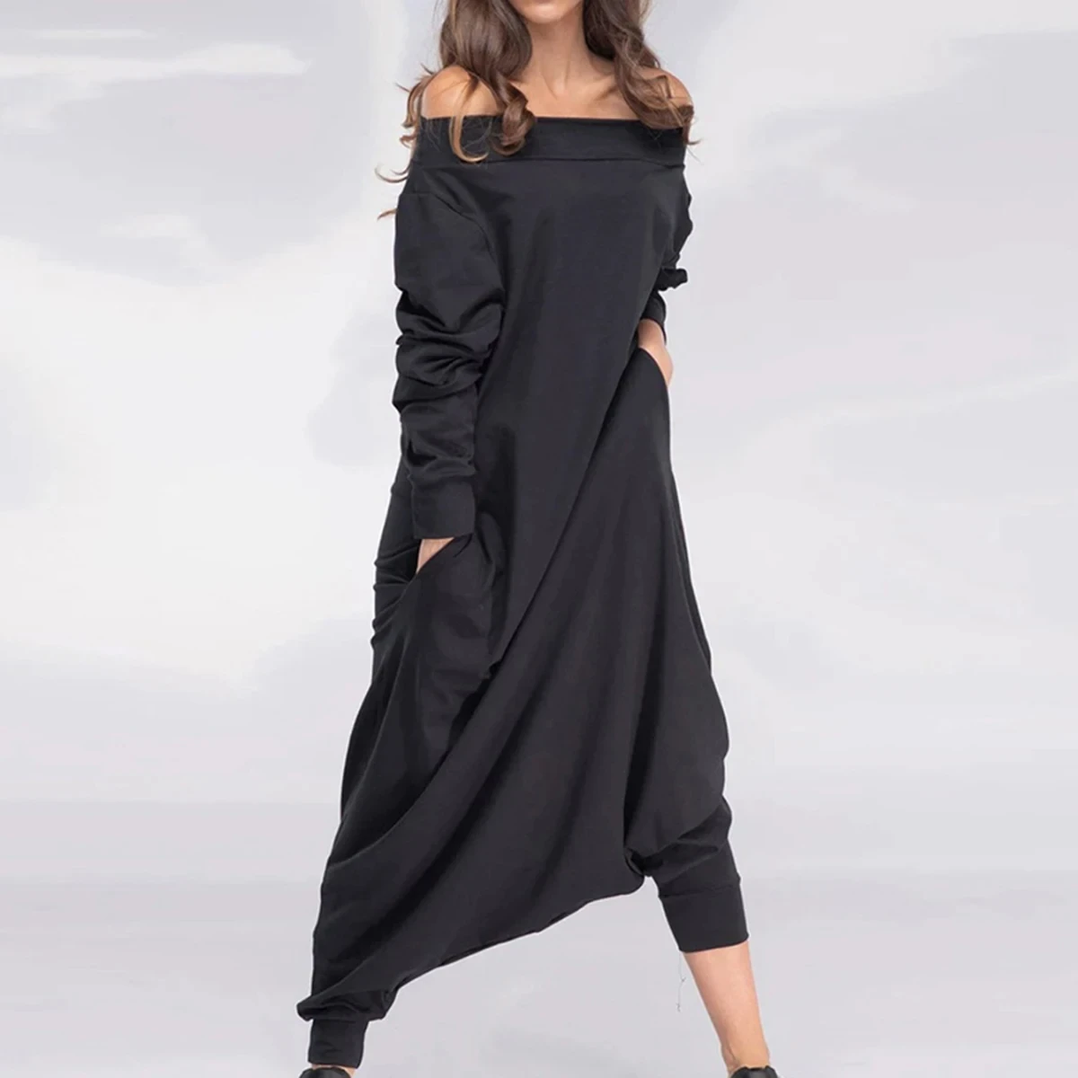 Uslemon Fashion Female Simple Black Casual Loose Solid Color Long Sleeves Pockets Off-The-Shoulder Jumpsuits For Women