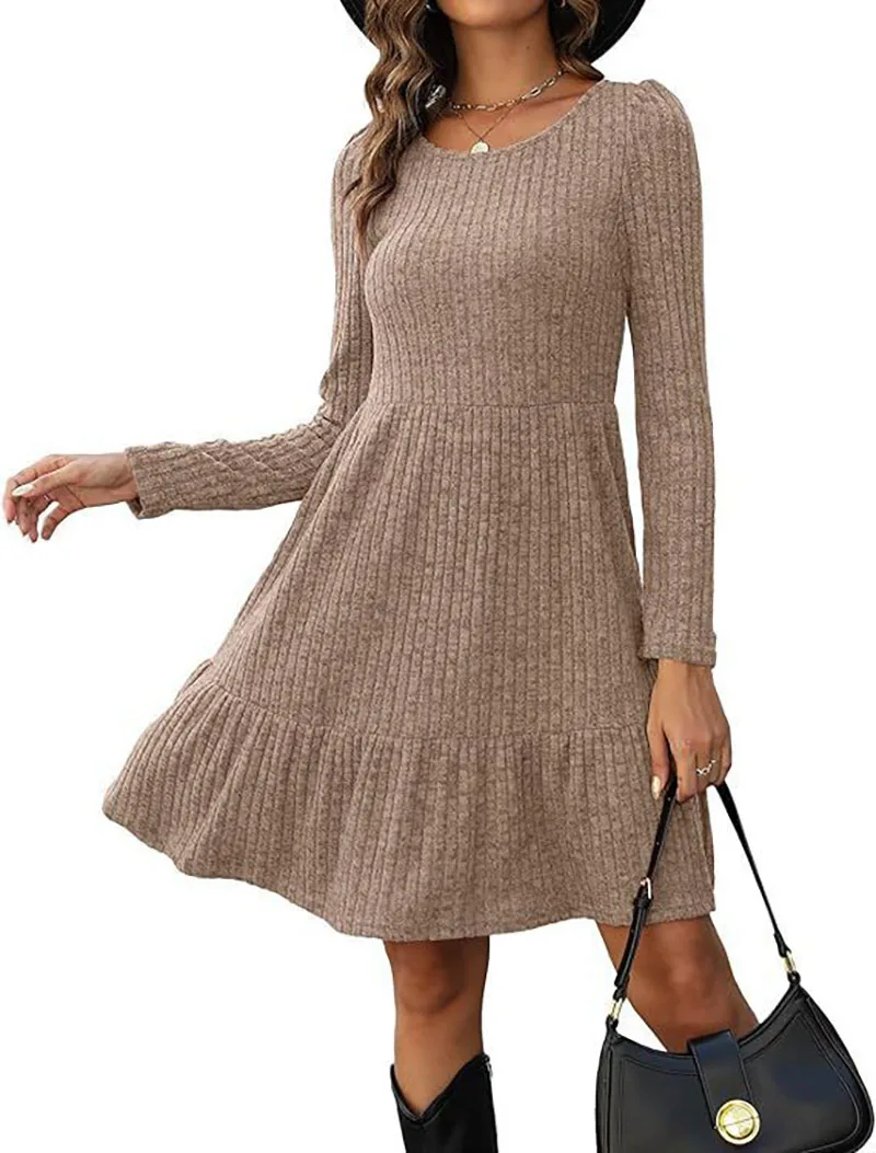 Winter Trend Round Neck Long Sleeved A-Line Dress Women's Minimalist Mini Dresses Casual Robe Vestidos