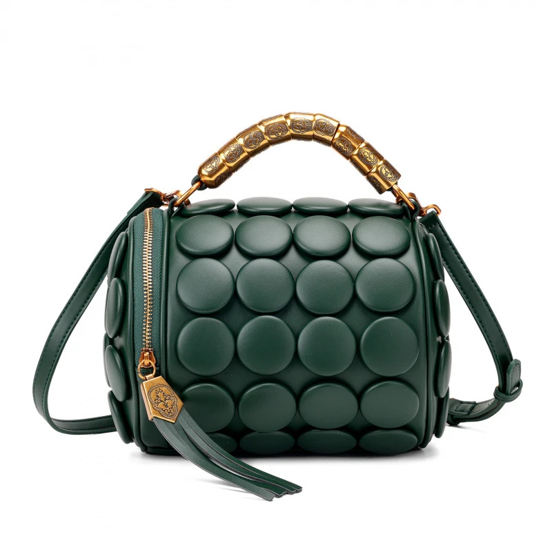 2026 Neues Design Damen Retro-Knopf-Lederhandtaschen Luxuriöse High-End Runde Röhrenförmige Bucket Bag Neue Mode Schulter-Umhängetasche – Detail 21