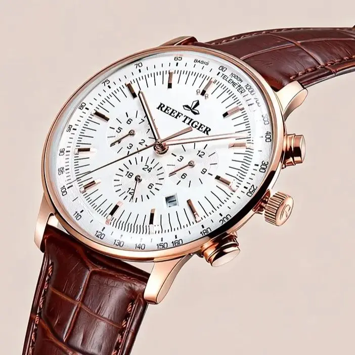 

Мужские автоматические часы Reef Tiger, 42 мм, механические наручные часы, сапфировое стекло, многофункциональный циферблат, отображение месяца, дня недели, даты, 24-часовой формат