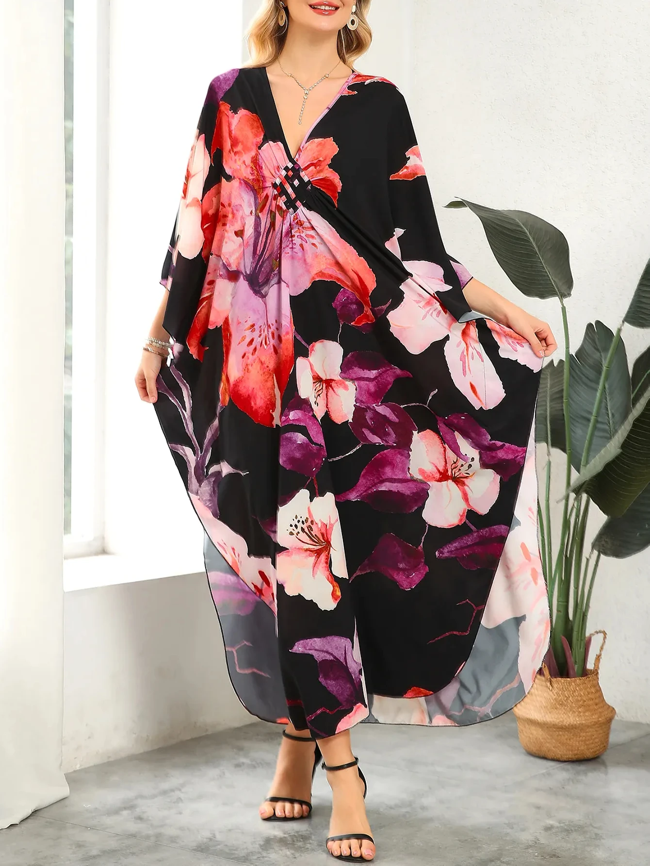 

Kaftan Dresses for Women Plus Size V-Neck Moo Moos Batwing Kaftan Beach Dress Bathing Suit Cover-Up Loungewear