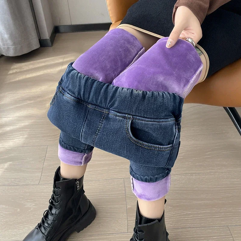 Autumn Winter Women\'s Fleece Thickened Jeans Elastic High Waist Skinny Fashion Korean Ankle Length Pencil Pants Black Blue
