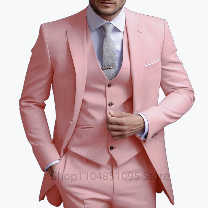 

Pink 3 Pieces Men Suits Notch Lapel One Button Male Suits Blazer Vest Pants Best Men Tuexdos For Wedding Business Costume Homme