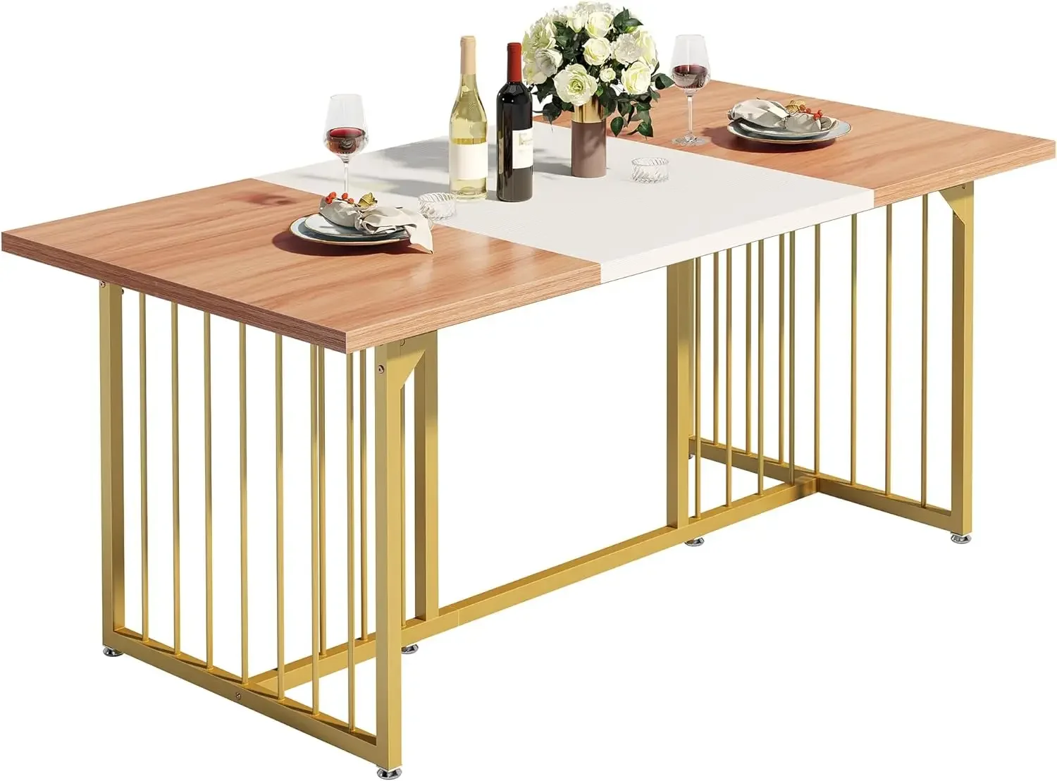 

70.8" Large Kitchen Dining Table for 6-8 People, Modern Rectangular Wood, Rustic Kitchen Desk with Heavy Duty Metal Gold Legs