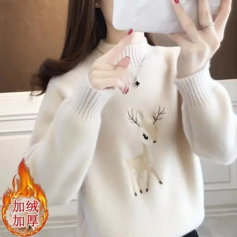 

Fashion Autumn Winter Embroidered Deer Sweaters Women New Long Sleeve Classic Mock Neck Casual Comfortable Keep Warm Top 2023