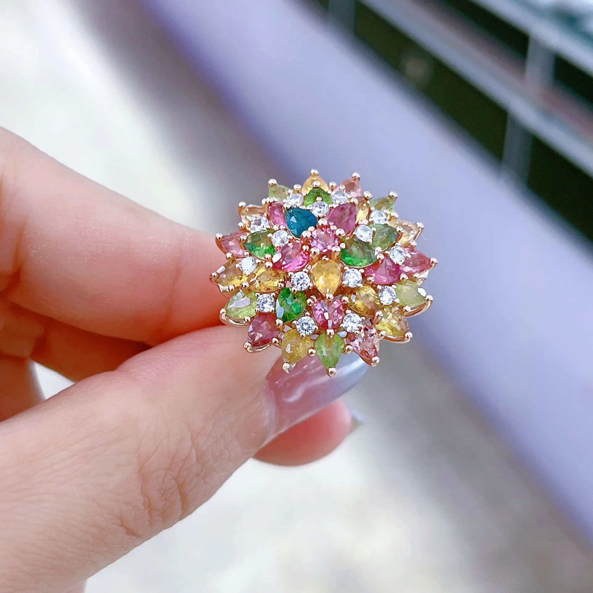 

Фейерверк S925, посеребренное кольцо с турмалином, инкрустированное розовым золотом, 3*4 мм, регулируемое кольцо с турмалином, случайный цвет