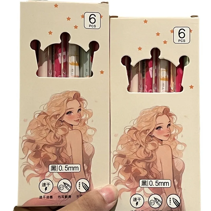 Paquete de 6 uds de bolígrafos de tinta de Gel Kawaii, escritura suave, bonita y divertida princesa Barbie, suministros de papelería escolar de dibujos animados, regalo para niños