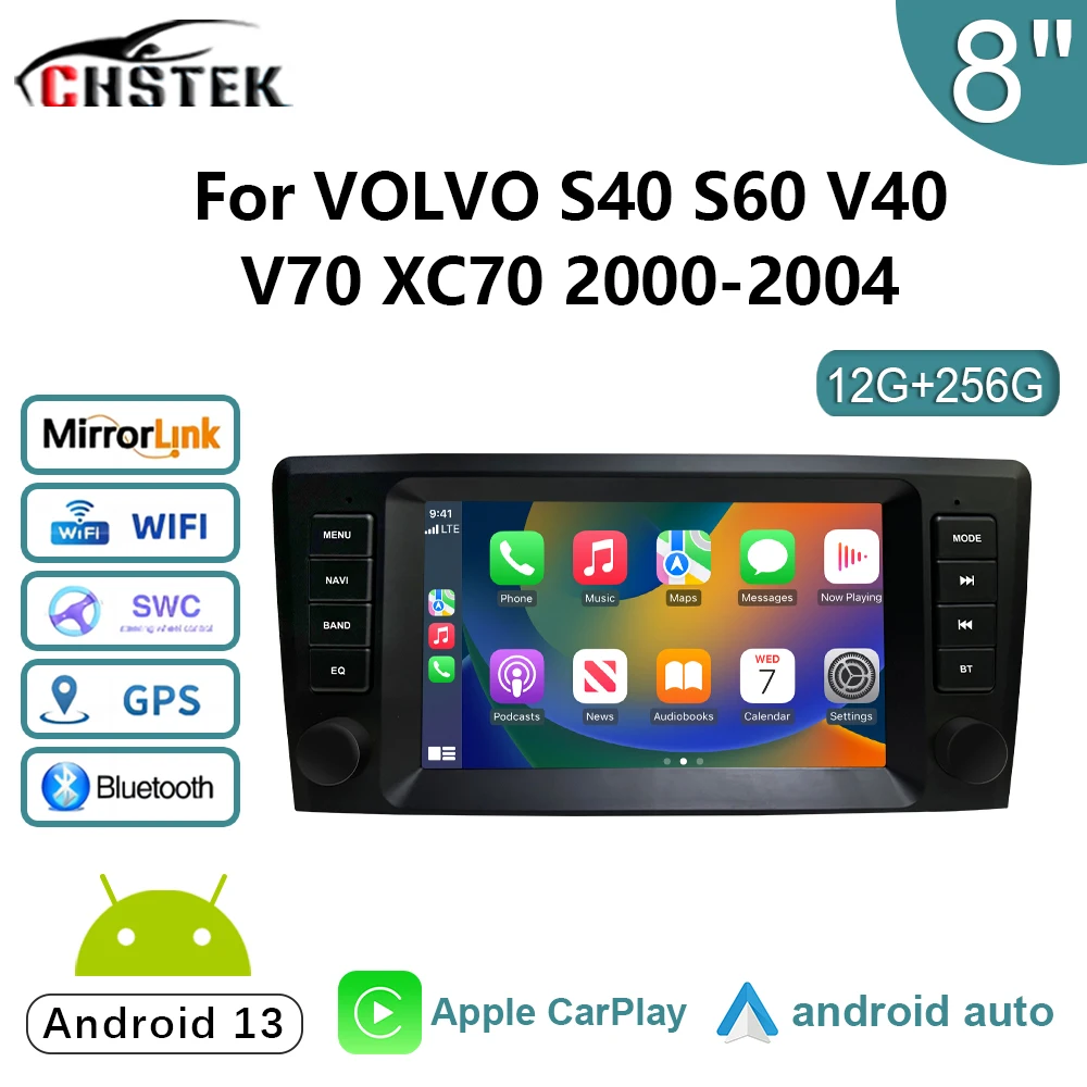 CHSTEK Car Radio Player Android 13 for Volvo S60 S40 V40 V70 XC70 XC90 2000-2004 Wireless Carplay Navigation Multimedia GPS 4G