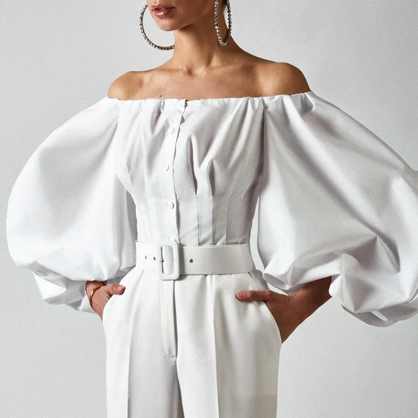 

Shirts Top Women Lantern Sleeve Slash Neck Single Breasted Off Shoulder Tops Office Lady Overshirt Female Spring Summer 2026
