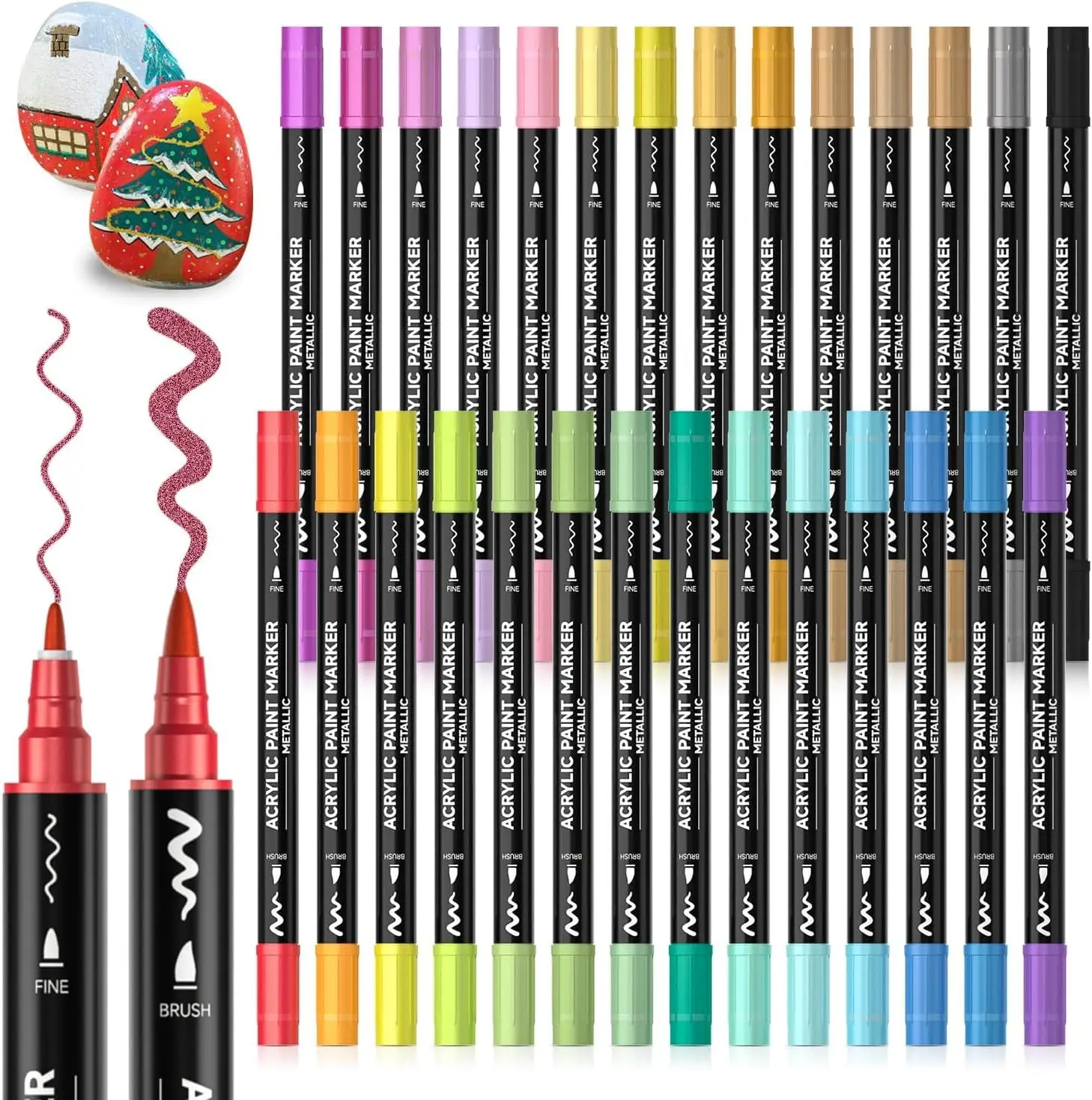 

28 Metallic Colors Dual Tip Acrylic Paint Markers with Brush and Fine Tips for Rock, Ceramic, Wood, Canvas, Glass, and DIY