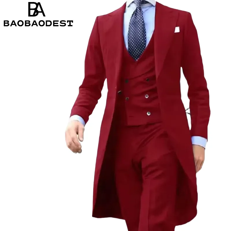 

Men's Custom 3-Piece Tailcoat Tuxedo Set - Formal Wedding Groom Suit w/Peak Lapel Jacket, Vest & Pants for Prom, Black Tie Event